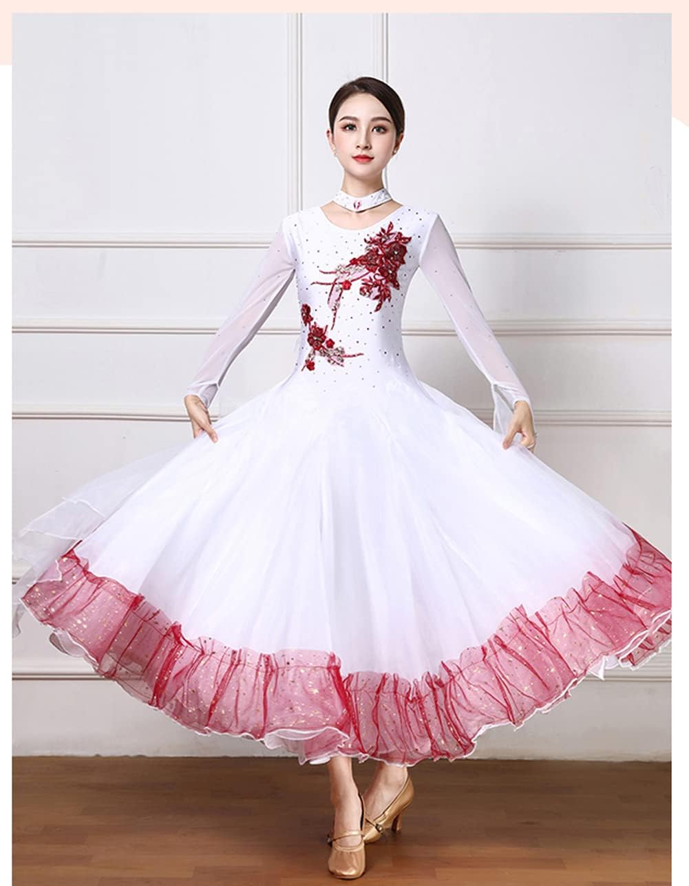 RIKOUZY] 高級 社交ダンス衣装 ドレス 豪華ビーズ フロート袖 ホワイト